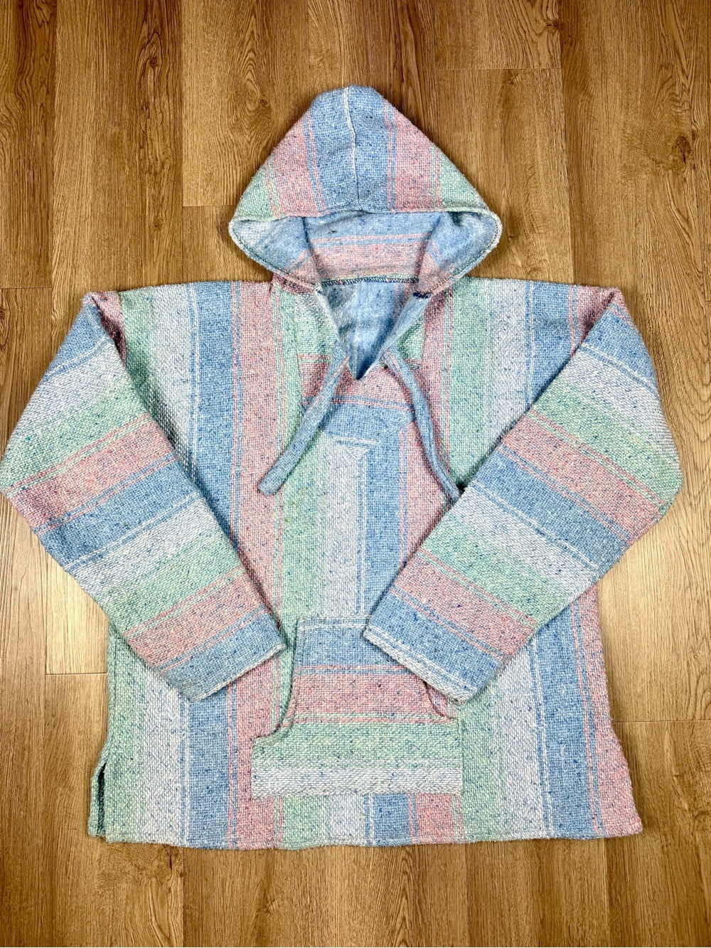 Vintage Pastel Stripe Baja Hoodie Mexican Blanket Hippie Boho Pink Blue Pullover